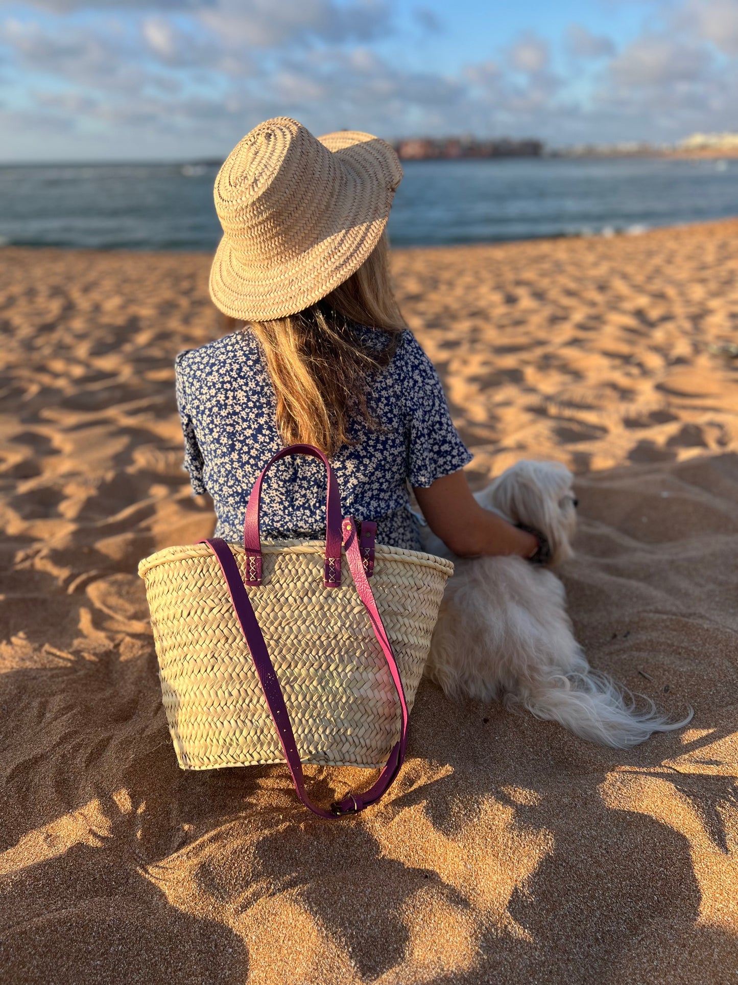 French Market Basket with Purple Leather Handle