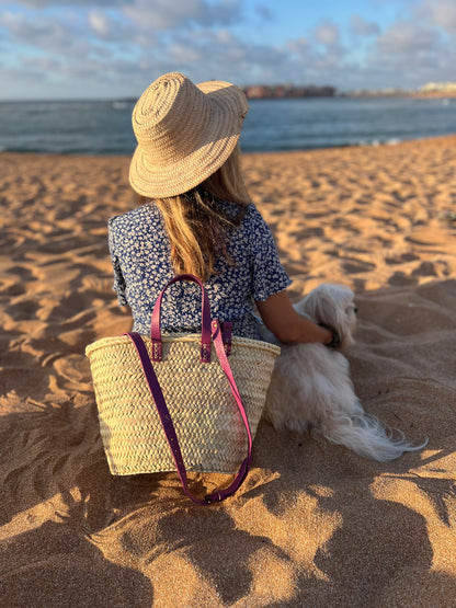 French Market Basket with Purple Leather Handle